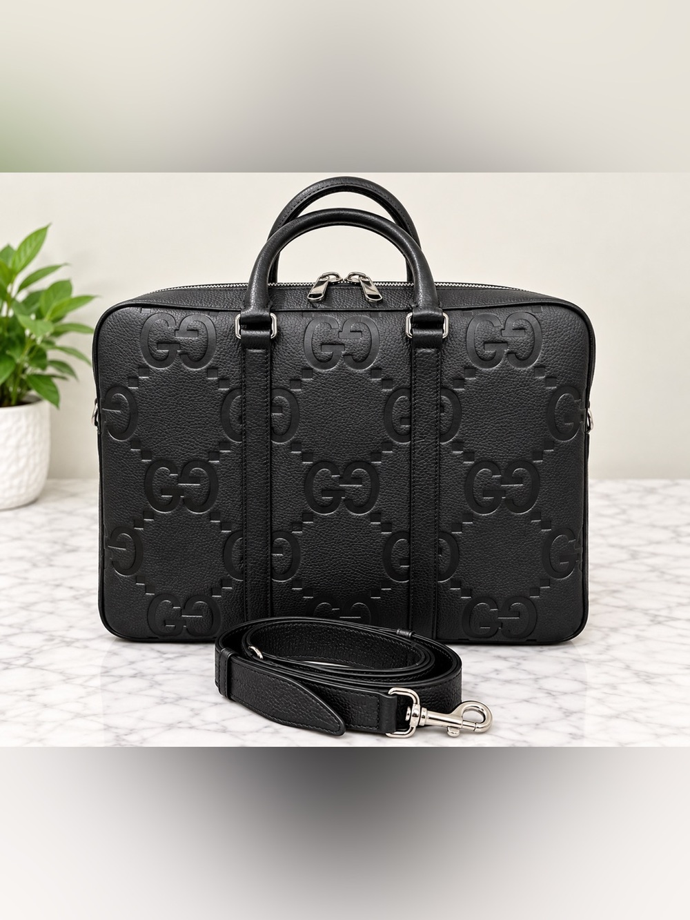 NWT Gucci Black Embossed GG Leather Briefcase with Detachable Strap